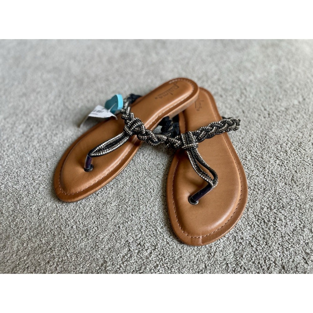 Palms Braided Black T Strap Sandals With Rhinestone Accents Flip Flops Size 8M